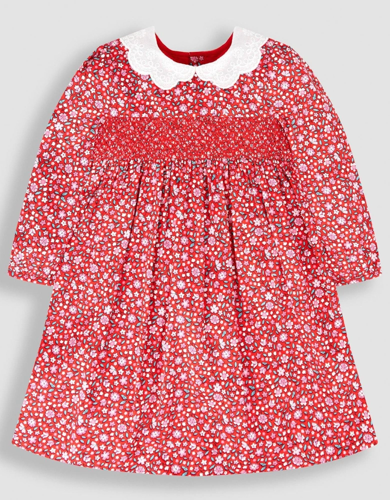 Girls Winter Blossom Print Smocked Party Dress - Red