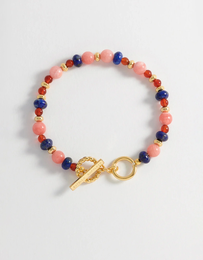 Pink, Blue And Red Beaded T Bar Bracelet Gold Plated