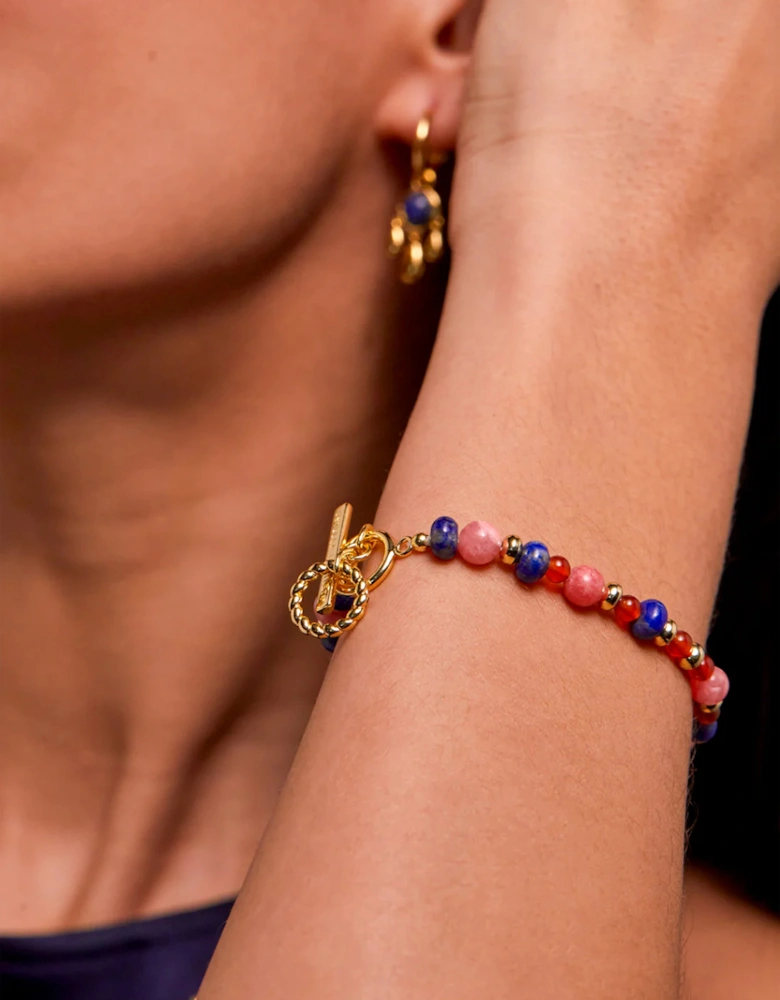 Pink, Blue And Red Beaded T Bar Bracelet Gold Plated