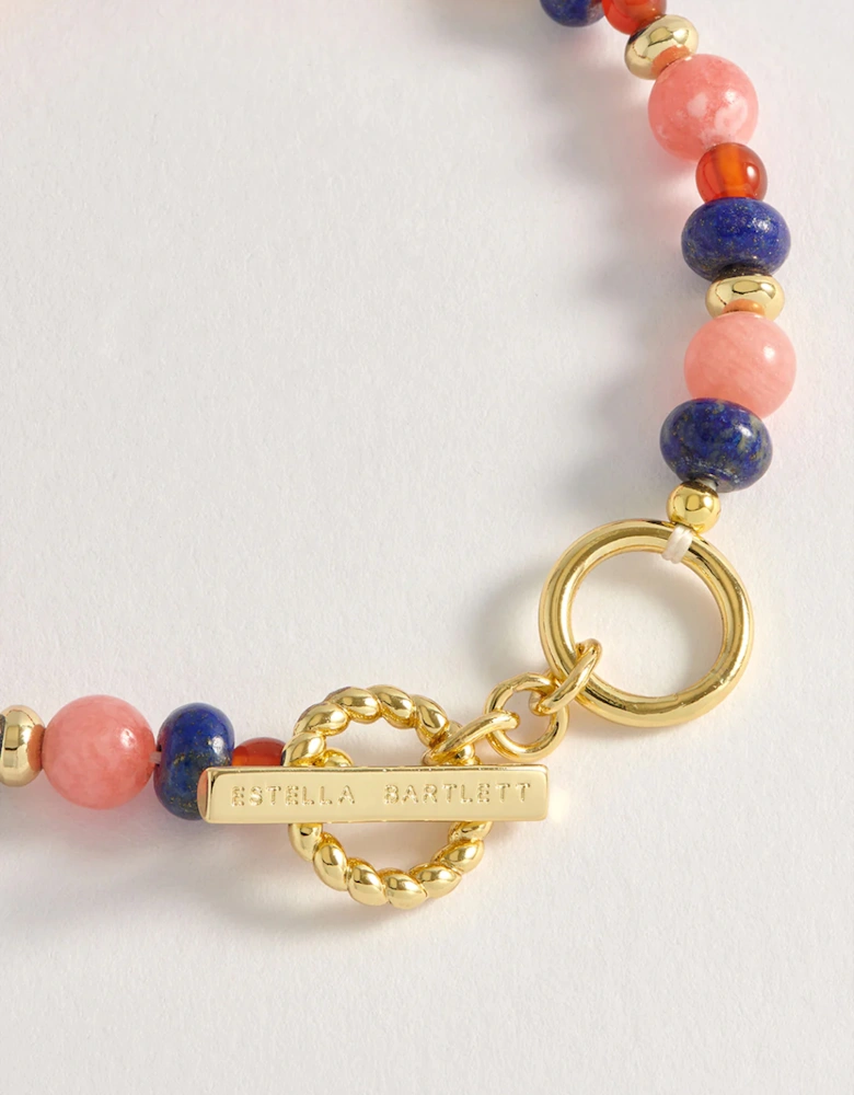 Pink, Blue And Red Beaded T Bar Bracelet Gold Plated