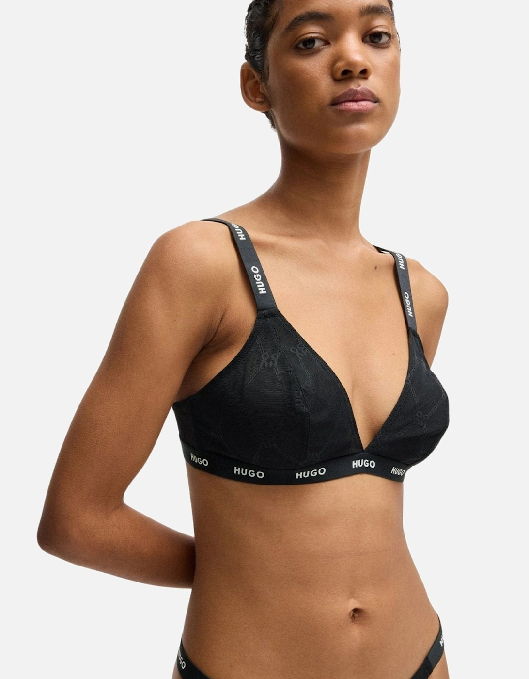 Sporty Logo Lace Triangle Bra, Black/silver