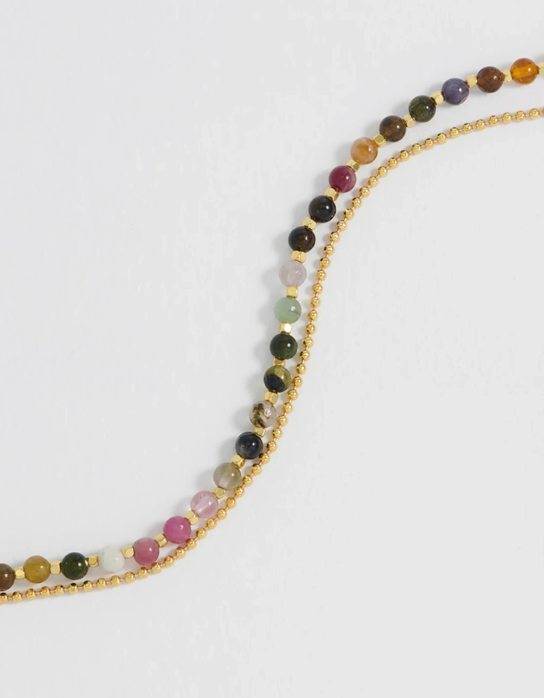 Tourmaline Eye Beaded Duo Bracelet Gold Plated