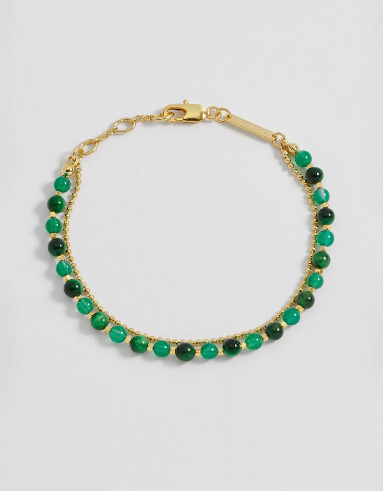 Green Cat Eye Beaded Duo Bracelet Gold Plated