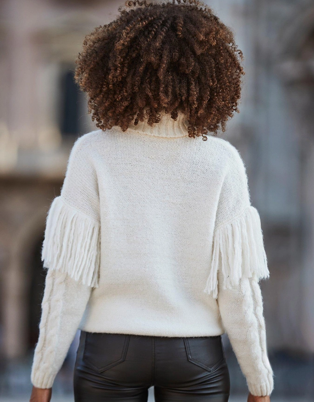 Fringe Roll Neck Cable Jumper - Cream