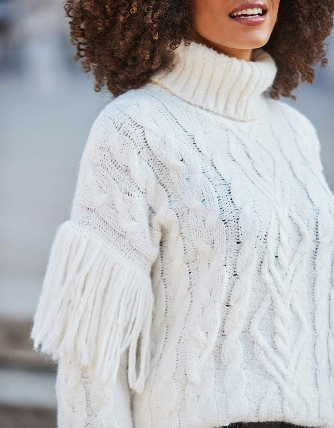 Fringe Roll Neck Cable Jumper - Cream