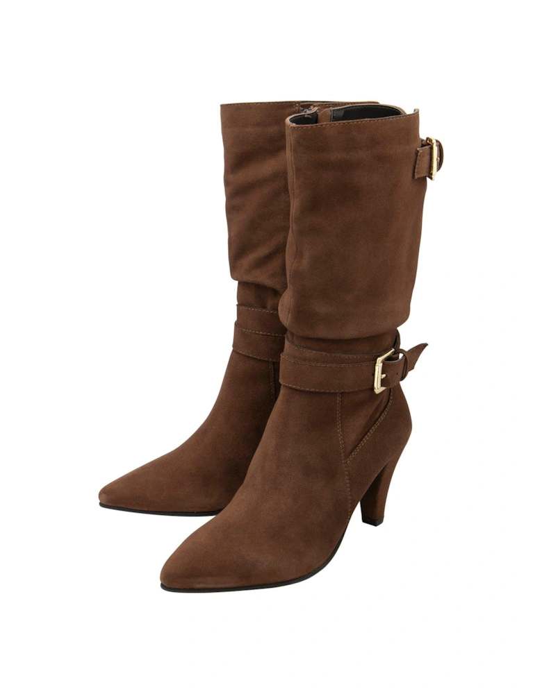 Guise Slouch Buckle Heeled Boot - Brown Suede