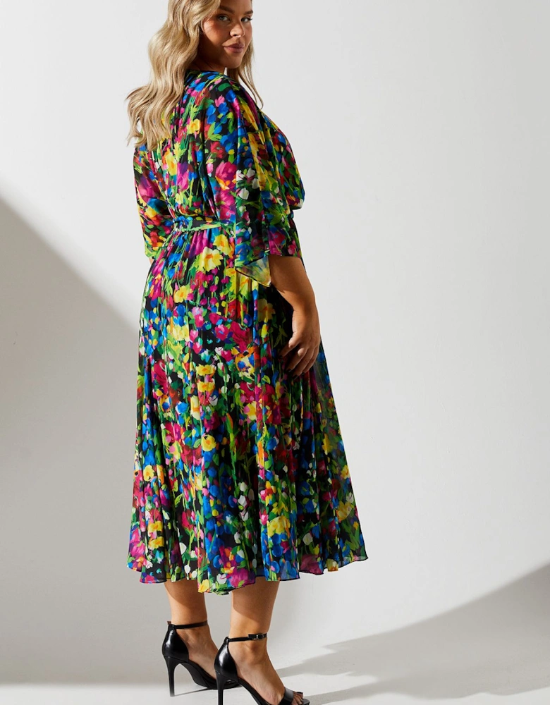 Plus Wrap Midi Dress In Ditsy Floral Print