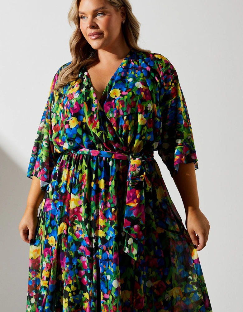 Plus Wrap Midi Dress In Ditsy Floral Print