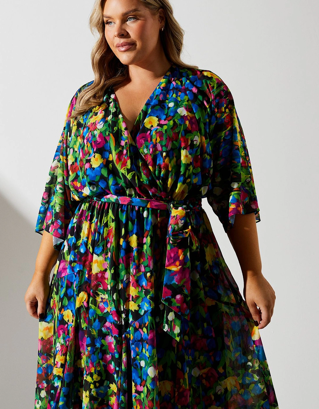 Plus Wrap Midi Dress In Ditsy Floral Print