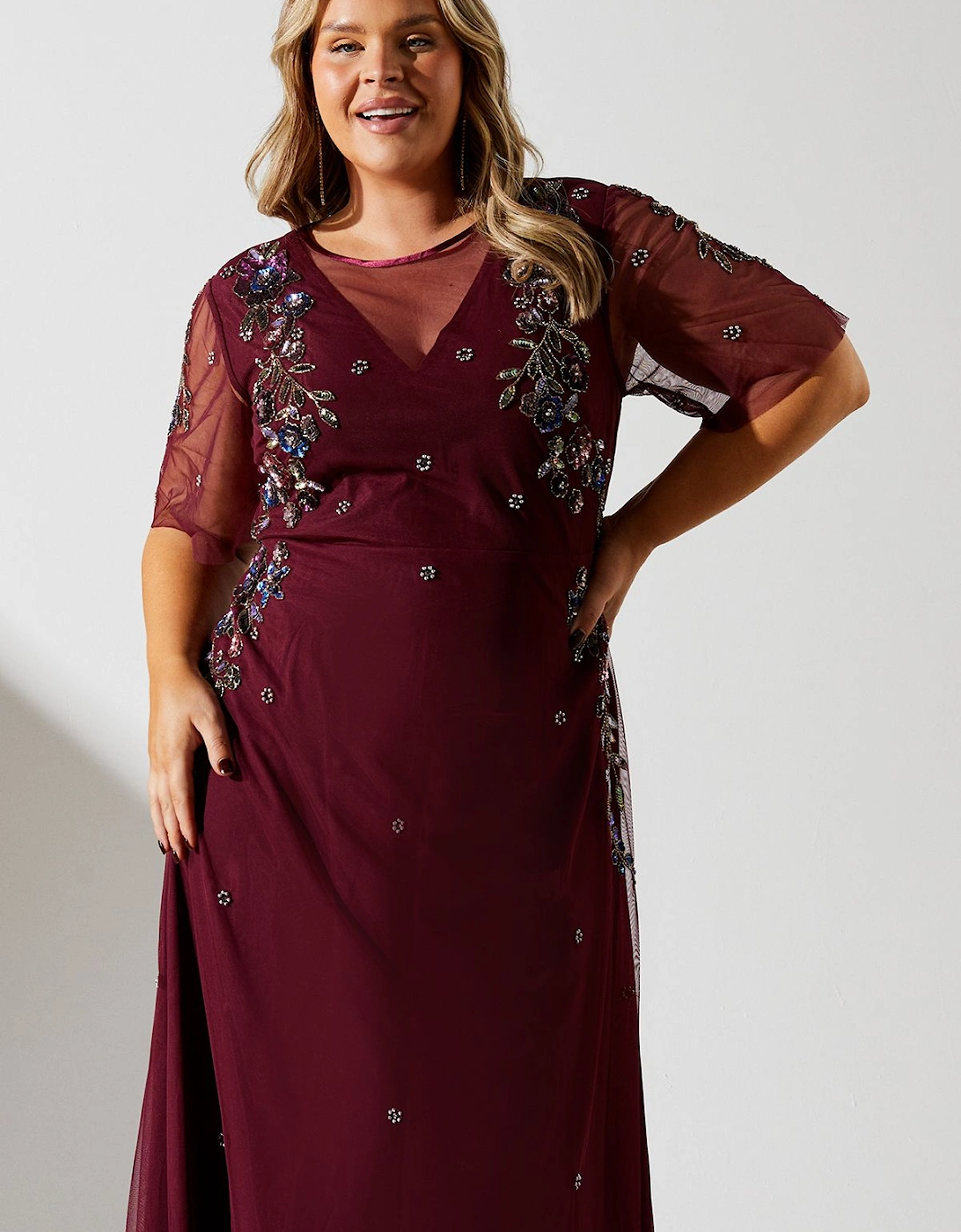 Plus Size Angel Sleeve Embellished Midaxi Dress