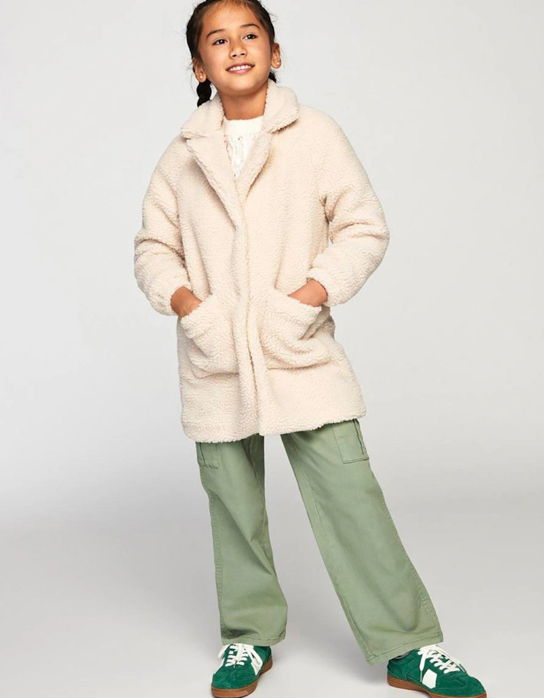 Girls Teddy Fleece Long Coat - Cream