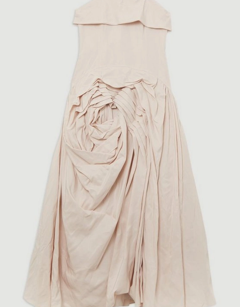 Taffeta Bandeau Tailored Rosette Pleat Maxi Dress