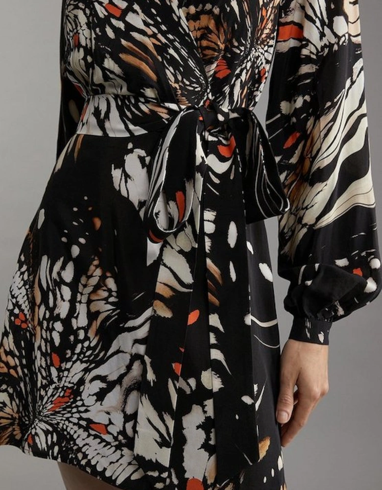 Butterfly Print Viscose Crepe Woven Wrap Mini Dress