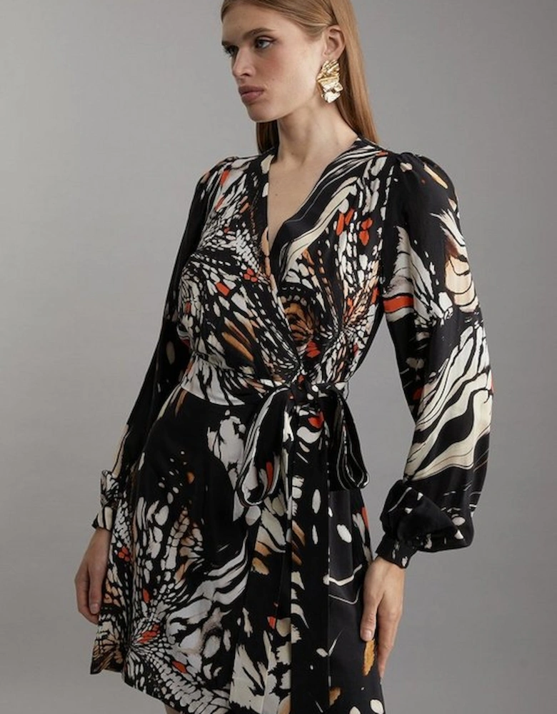 Butterfly Print Viscose Crepe Woven Wrap Mini Dress