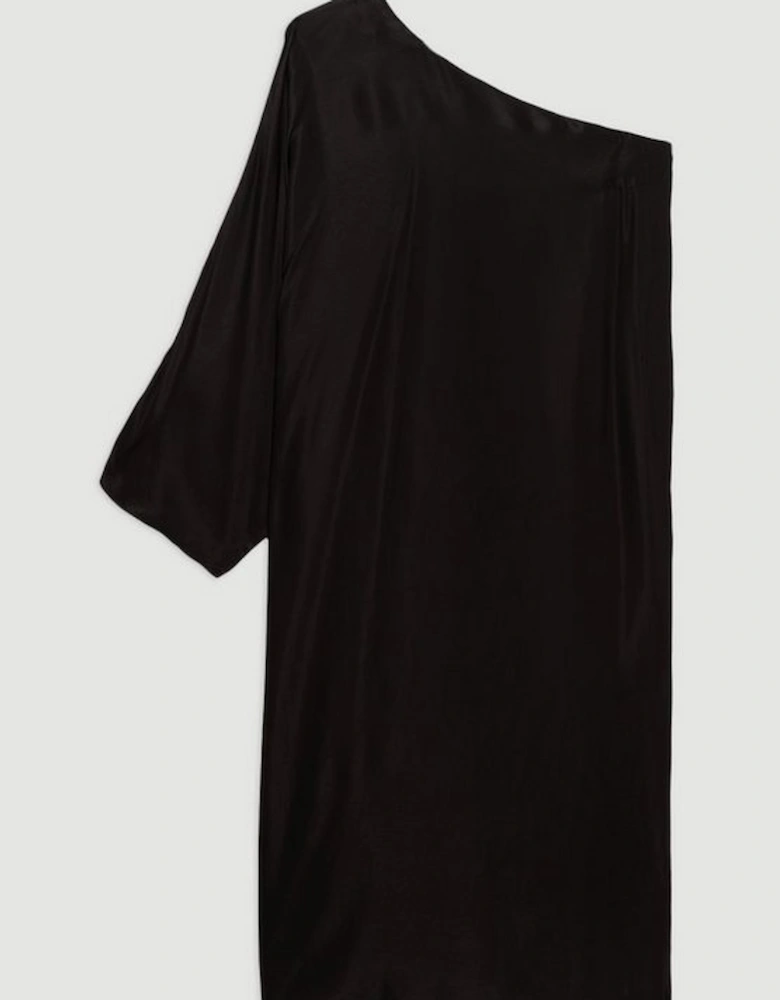 Plus Size One Shoulder Draped Satin Woven Maxi Dress