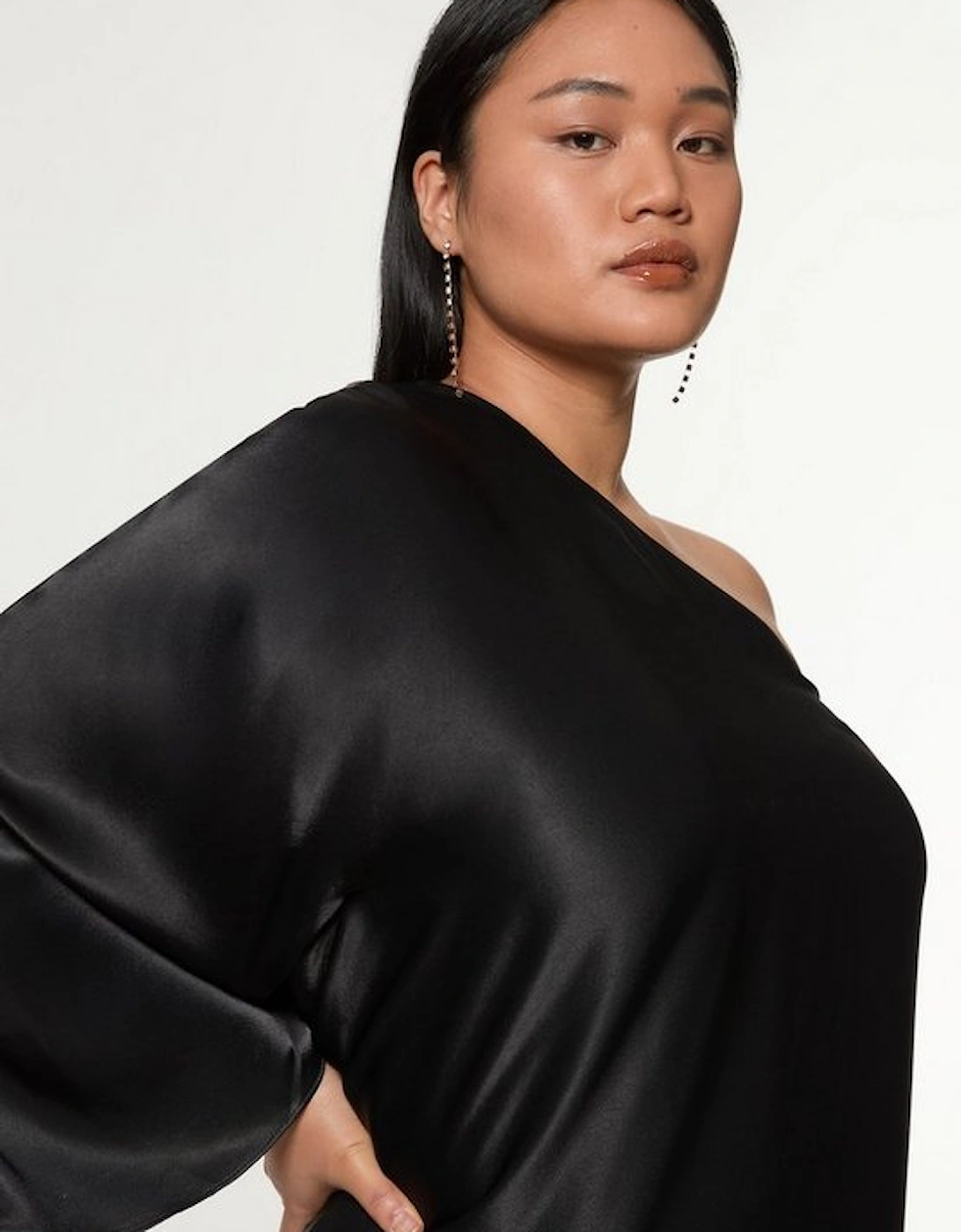 Plus Size One Shoulder Draped Satin Woven Maxi Dress