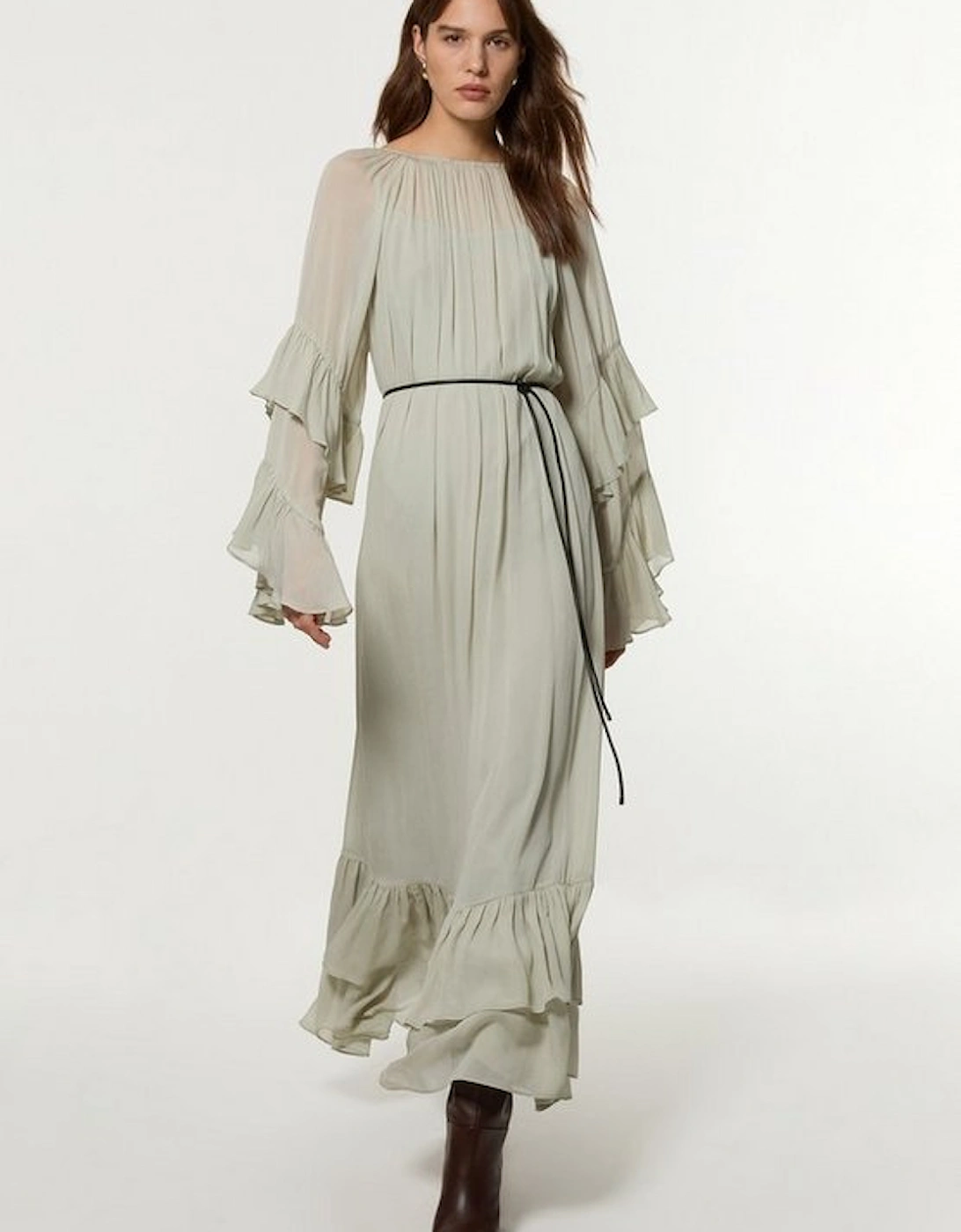 Drama Kimono Viscose Georgette Woven Maxi Dress With PU Belt, 5 of 4