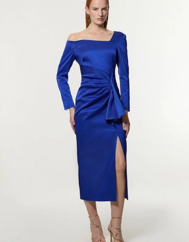 Italian Structured Rib Asymmetric Neckline Draped Tailored Maxi Dress