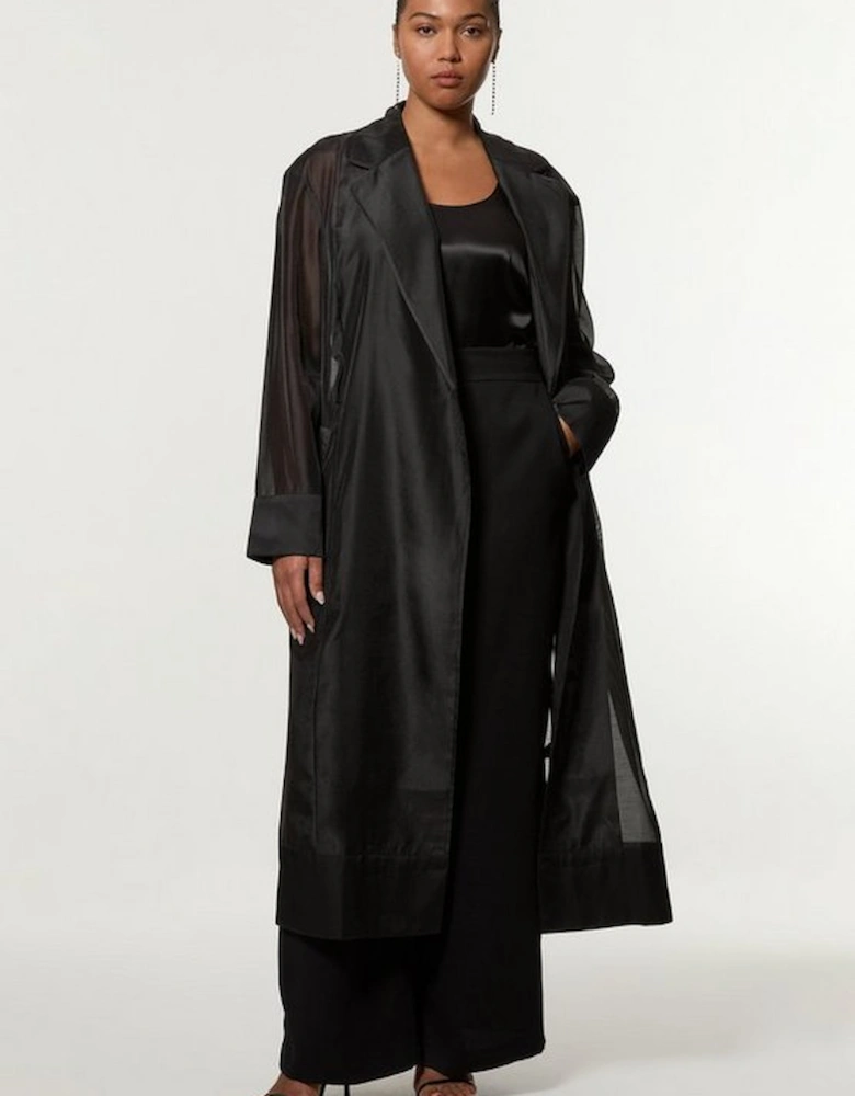 Plus Size Organza And Satin Mix Tailored Sheer Trench Coat