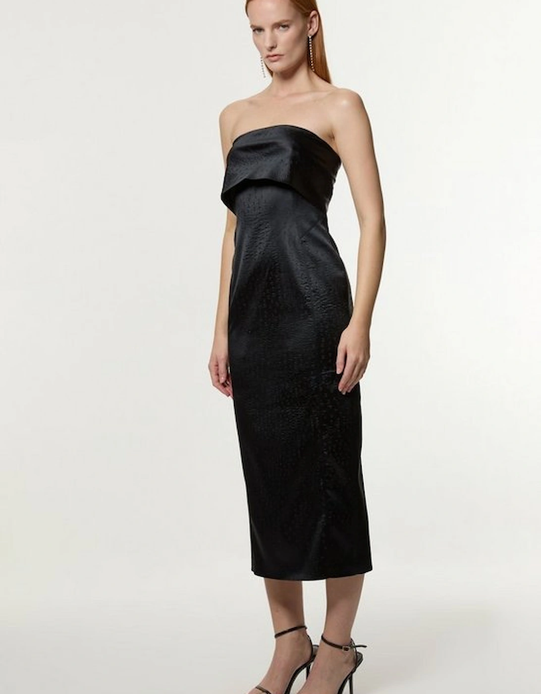 Italian Structured Textured Satin Bandeau Tailored Midi Dress