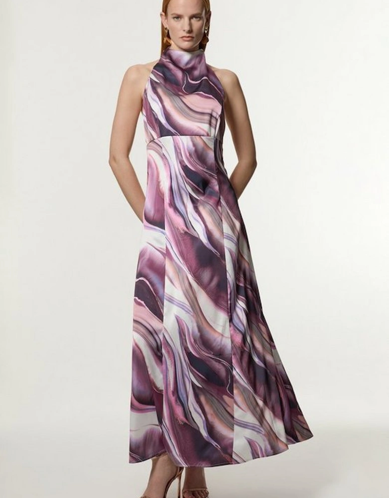 Graduated Stripe Viscose Satin Halter Dress