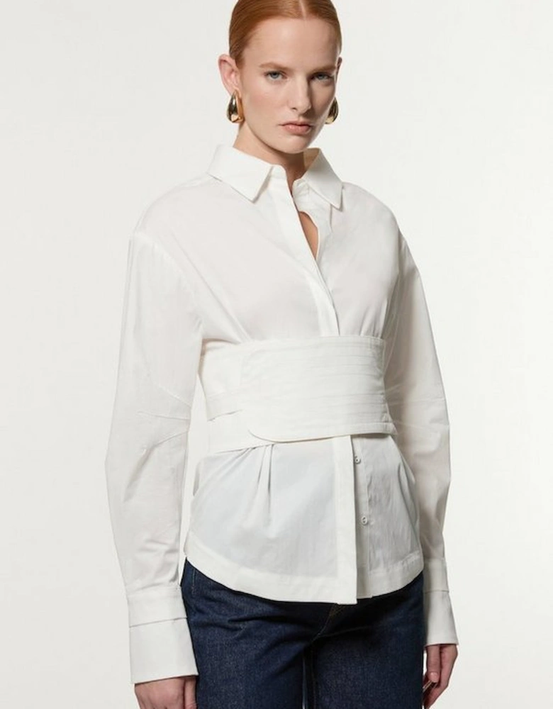 Topstitch Waist Tie Woven Cotton Shirt