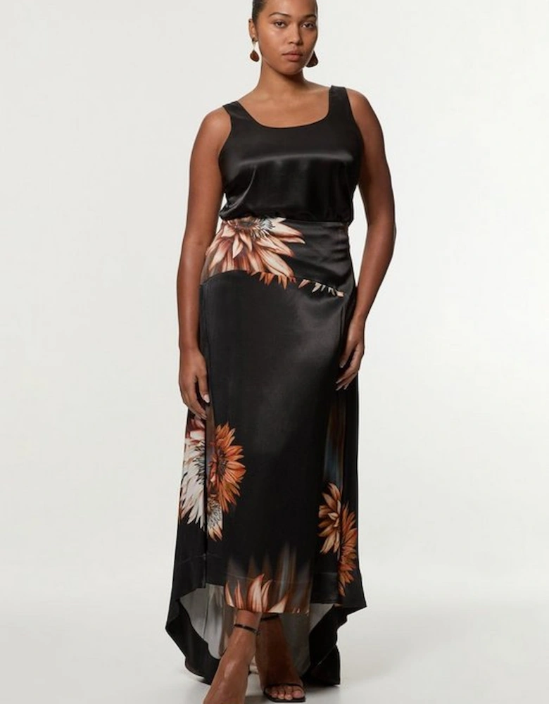 Plus Size Viscose Satin Printed Panelled Train Maxi Skirt