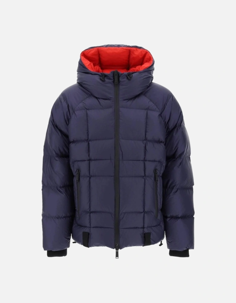 Printed Logo Navy Blue Hooded Down Jacket