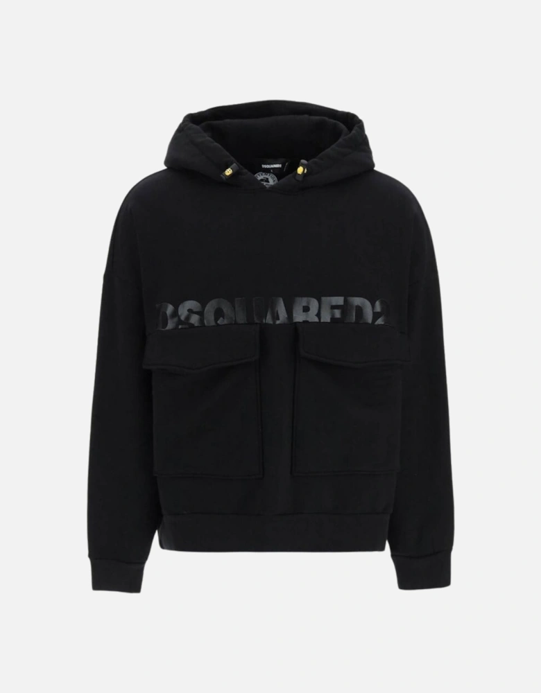 Printed Logo Large Pockets Black Hoodie