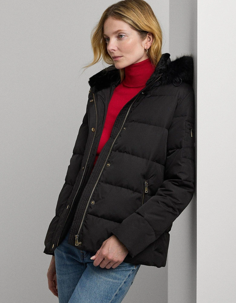 Faux Fur Trim Puffer Jacket - Black