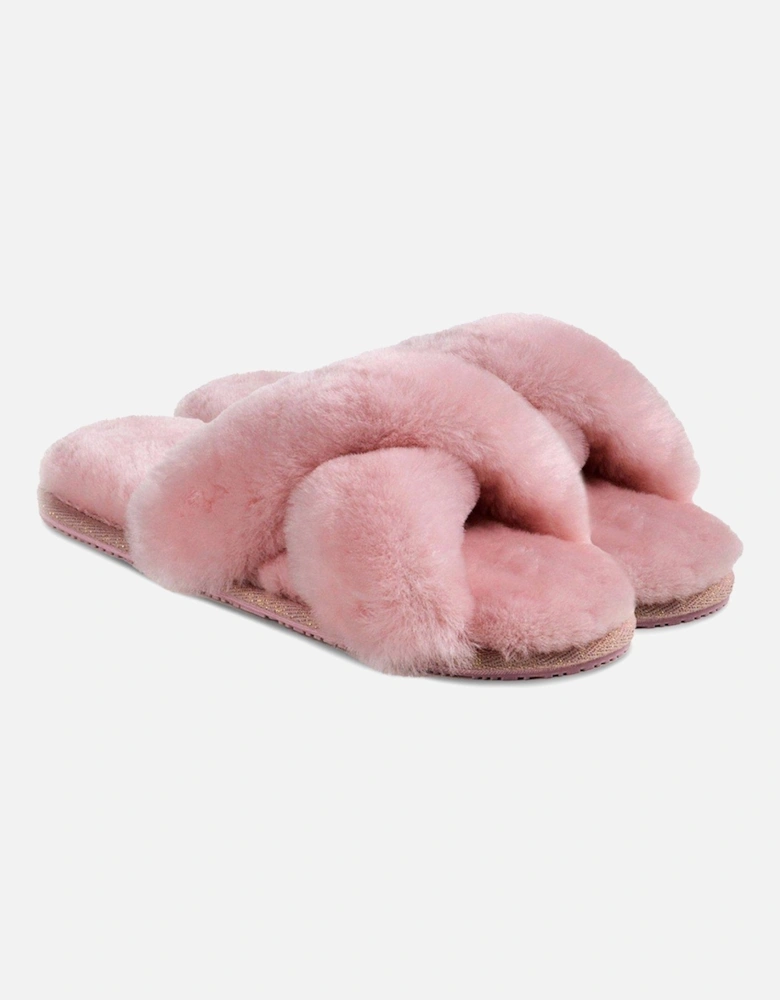 Daisy Open Toe Cross Over Sheepskin Slider Slipper - Rose