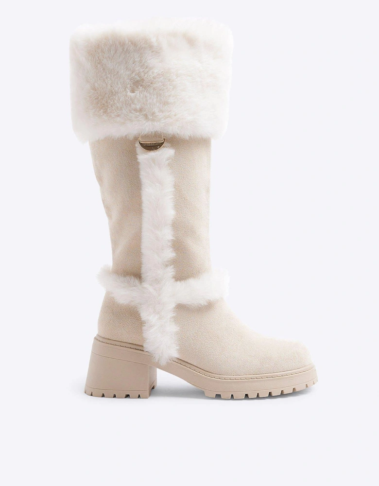 Older Girl Suedette Faux Fur Knee High Boots - Beige