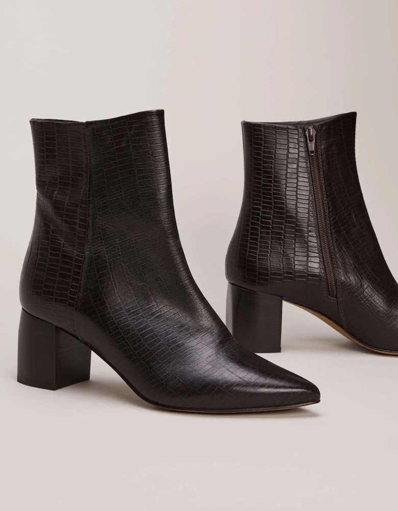 Black Leather Croc Print Ankle Boots