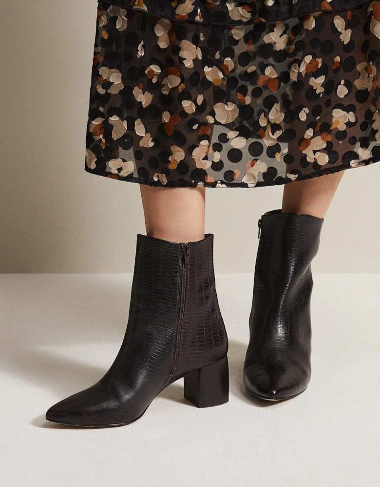 Black Leather Croc Print Ankle Boots