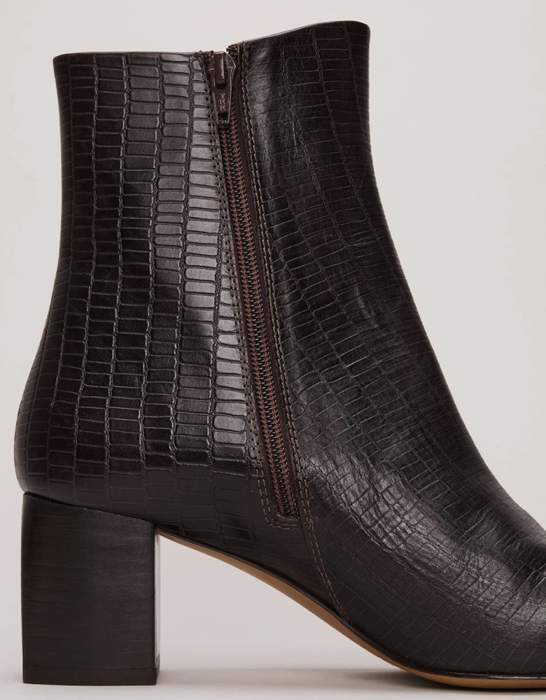 Black Leather Croc Print Ankle Boots