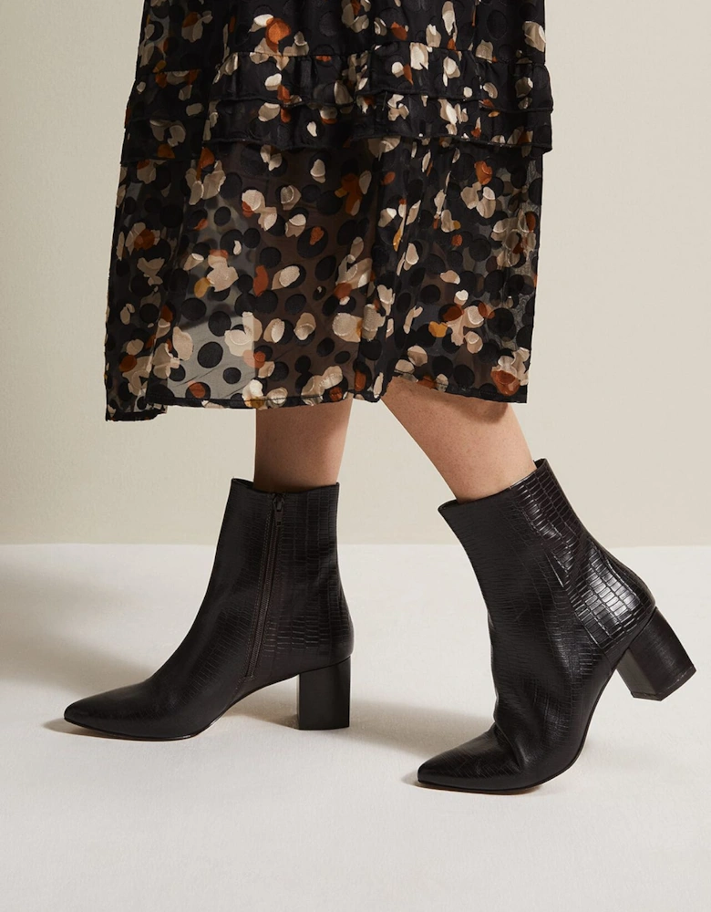 Black Leather Croc Print Ankle Boots