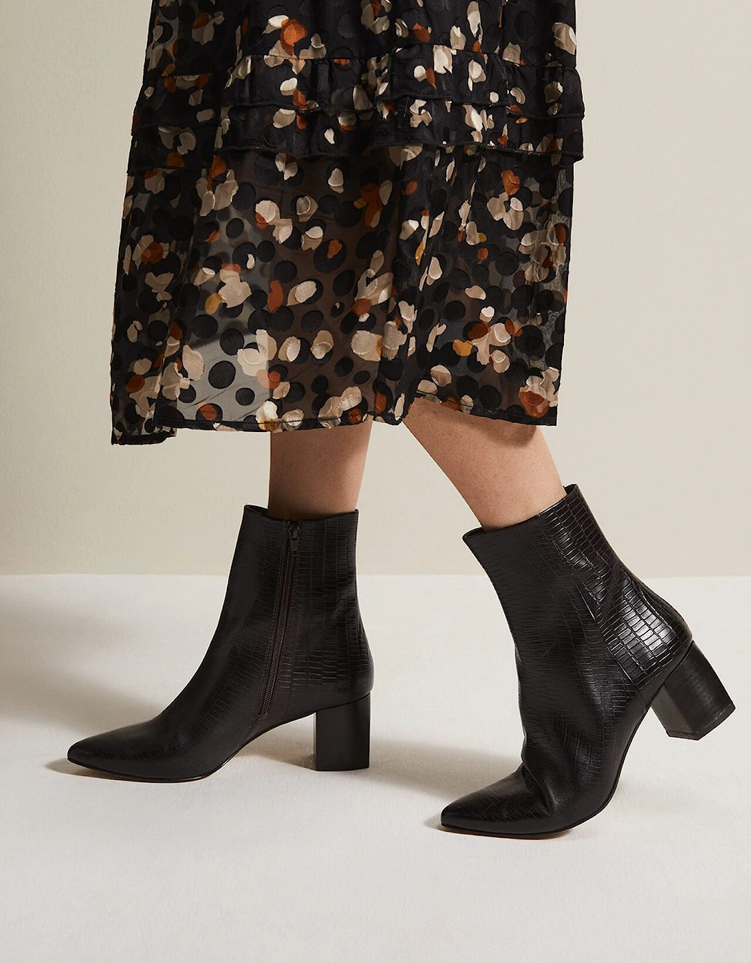 Black Leather Croc Print Ankle Boots
