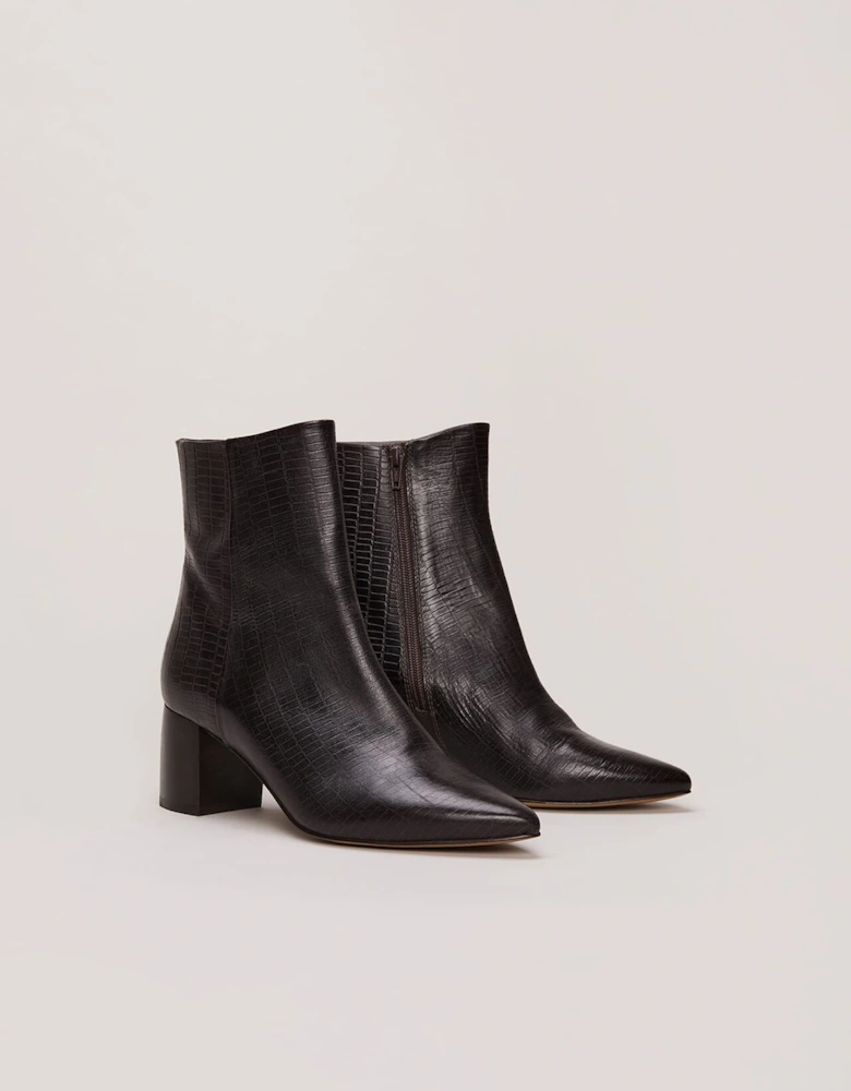 Black Leather Croc Print Ankle Boots