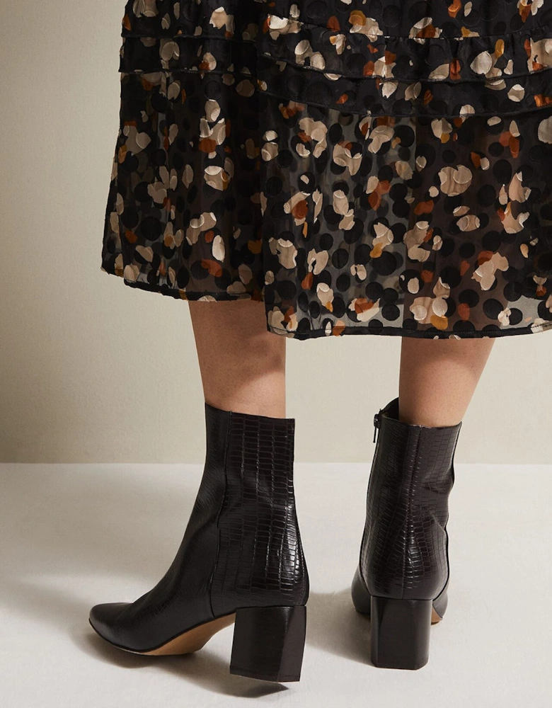 Black Leather Croc Print Ankle Boots