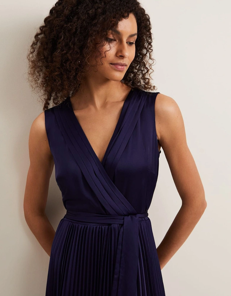 Bonnie Pleat Wrap Satin Maxi Dress