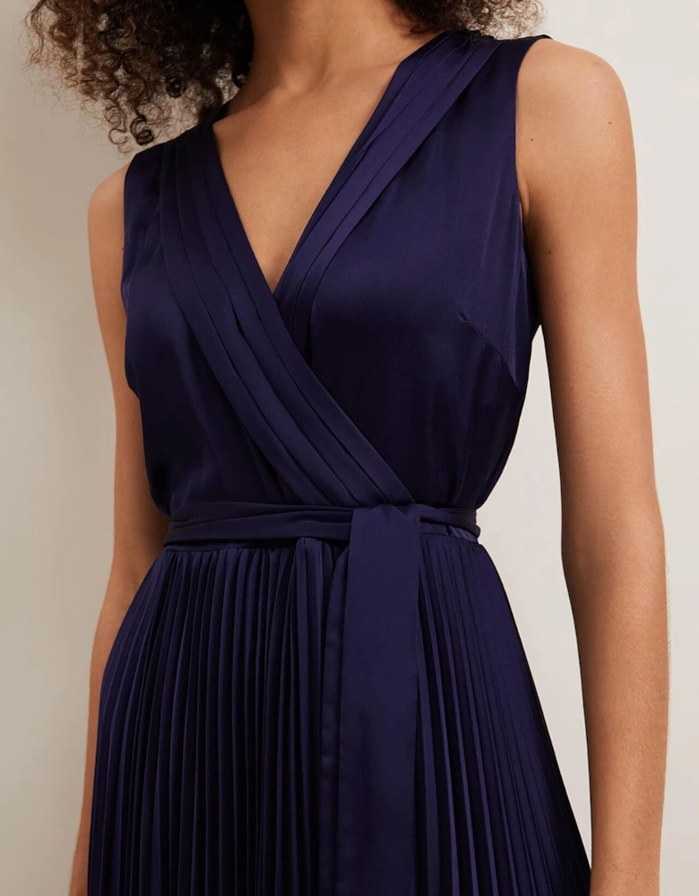 Bonnie Pleat Wrap Satin Maxi Dress