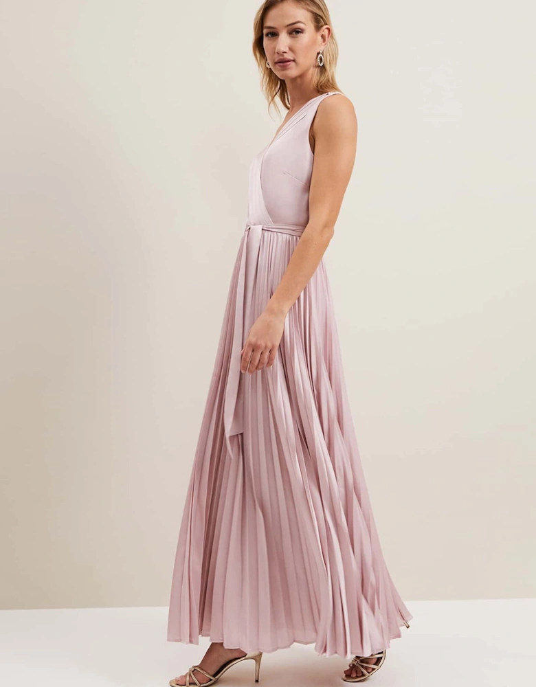 Bonnie Pleat Wrap Satin Maxi Dress