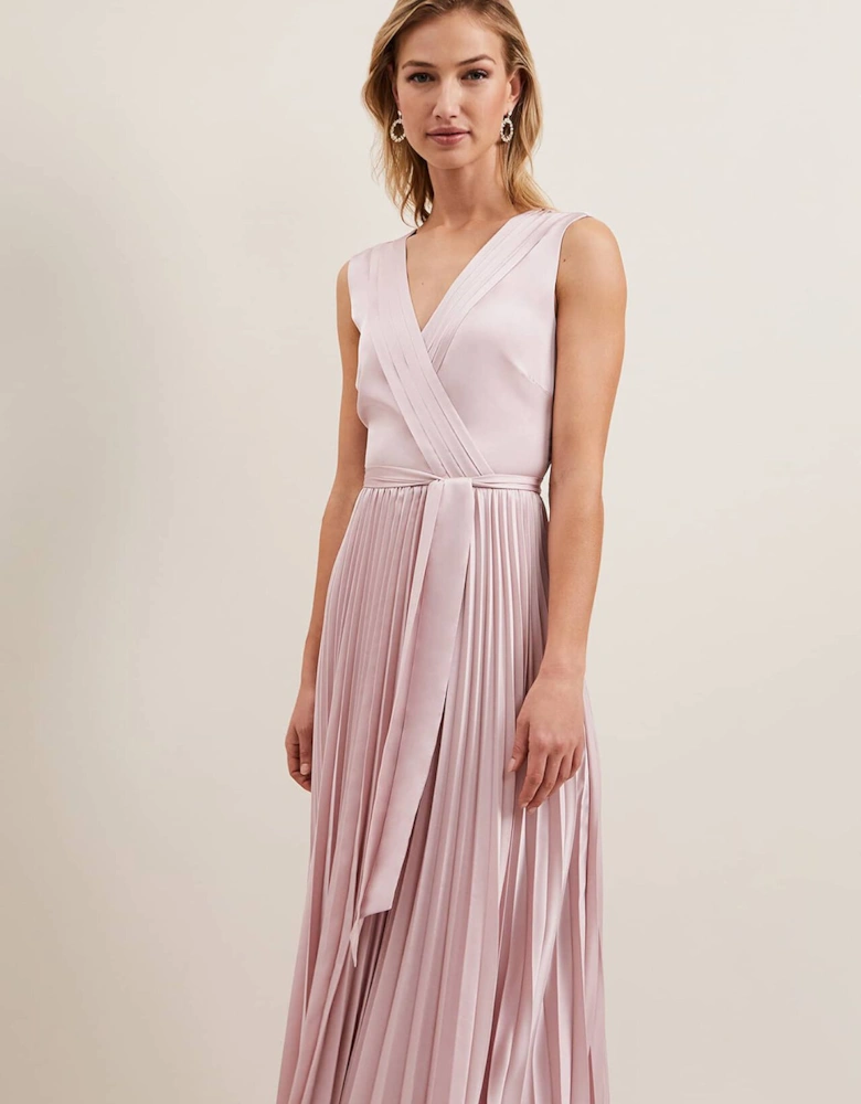 Bonnie Pleat Wrap Satin Maxi Dress