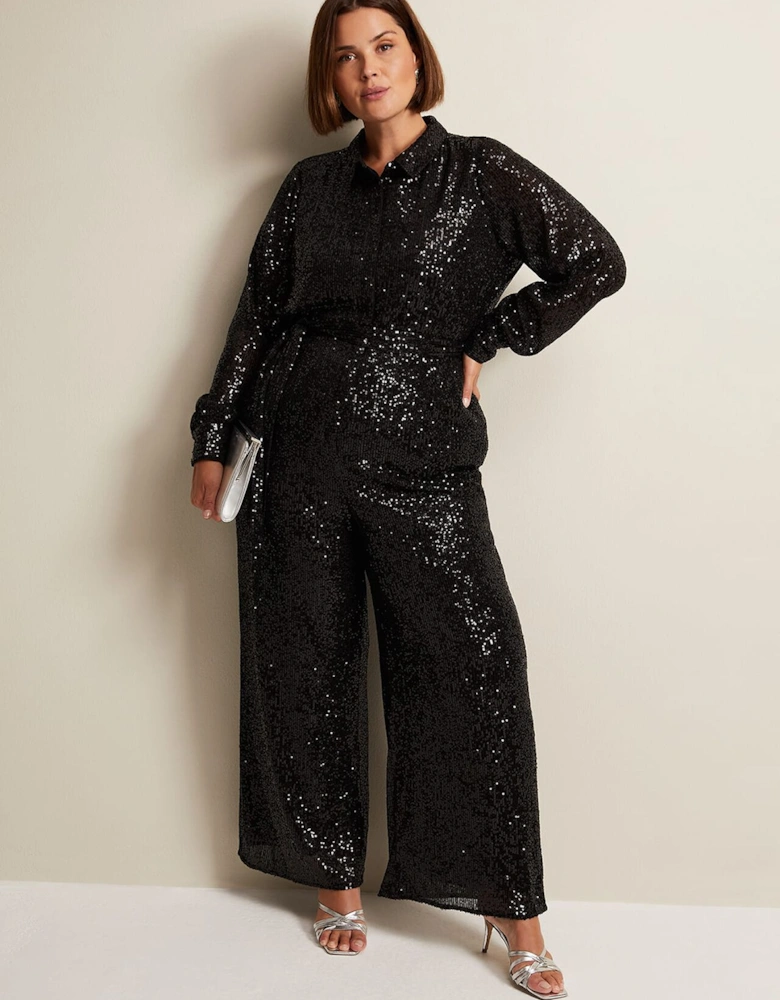 Alessandra Black Sequin Shirt Jumpsuit