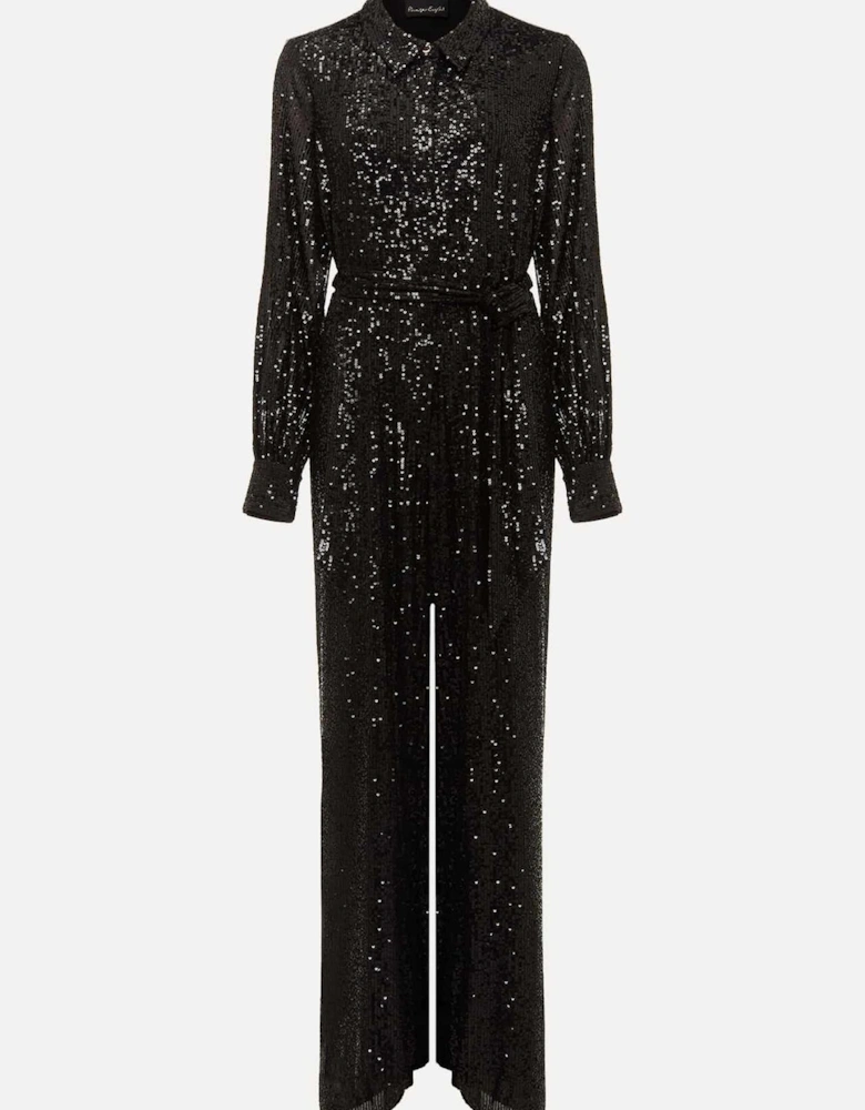 Alessandra Black Sequin Shirt Jumpsuit