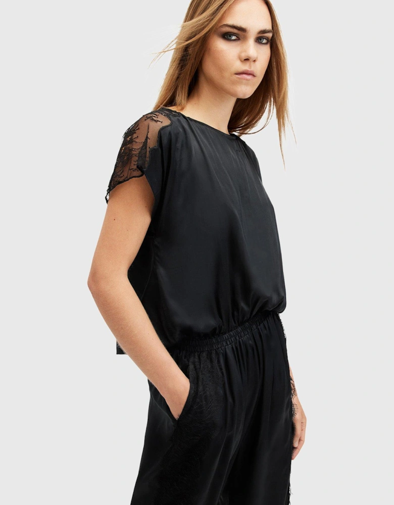 Mari Silk Blend Lace Trim Jumpsuit - Black