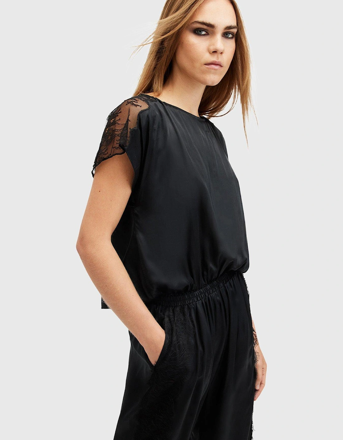 Mari Silk Blend Lace Trim Jumpsuit - Black