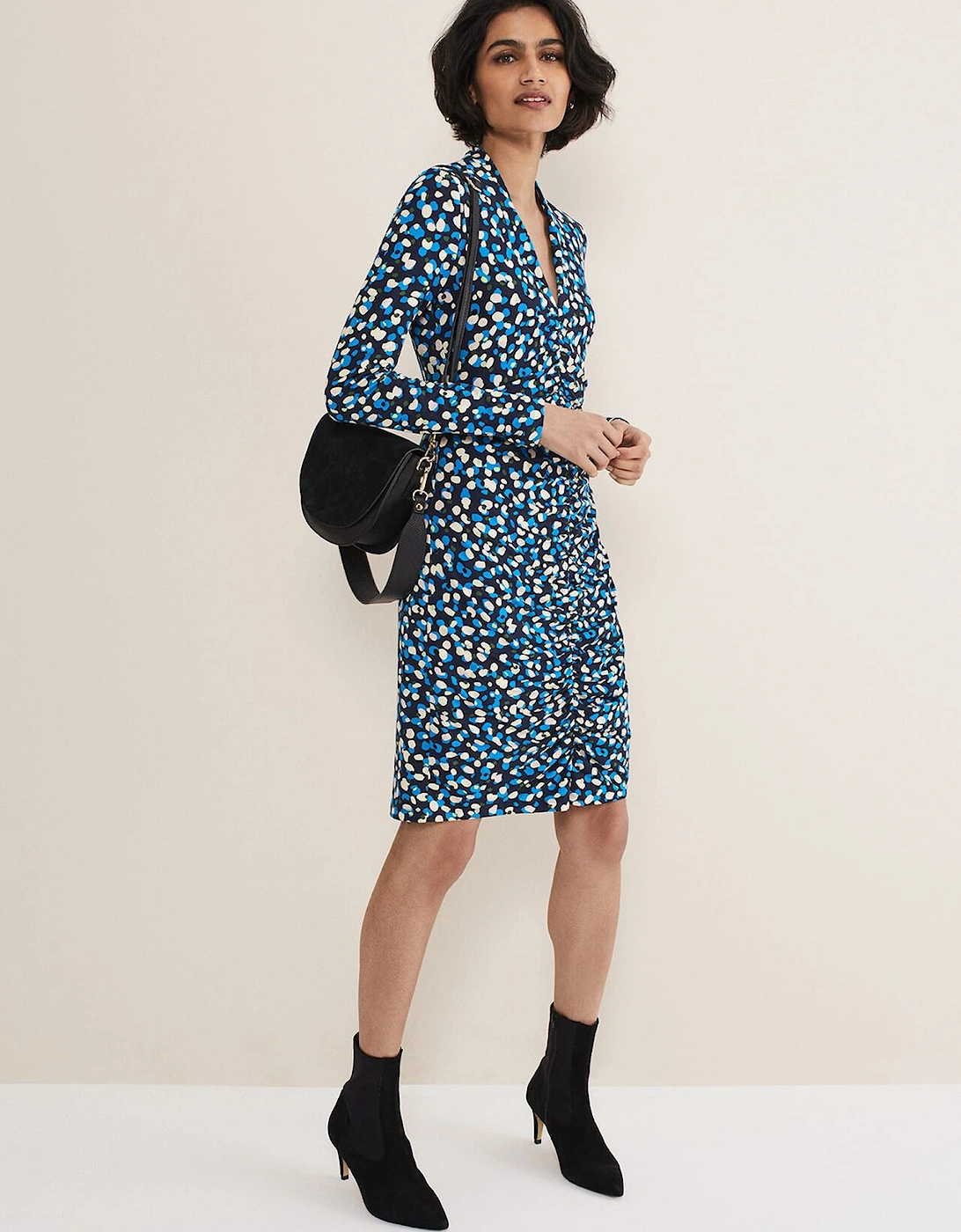 Juno Ruched V Neck Dotty Bodycon Dress
