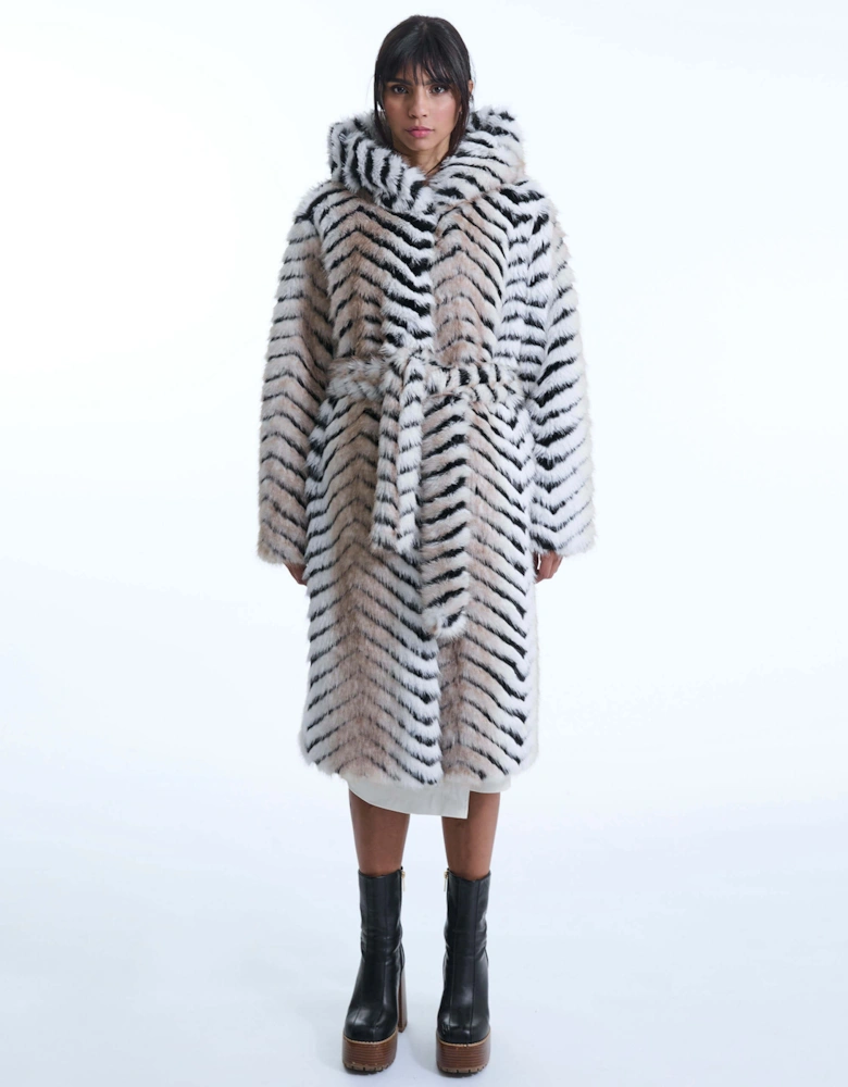 Faux Fox Belted Long Coat