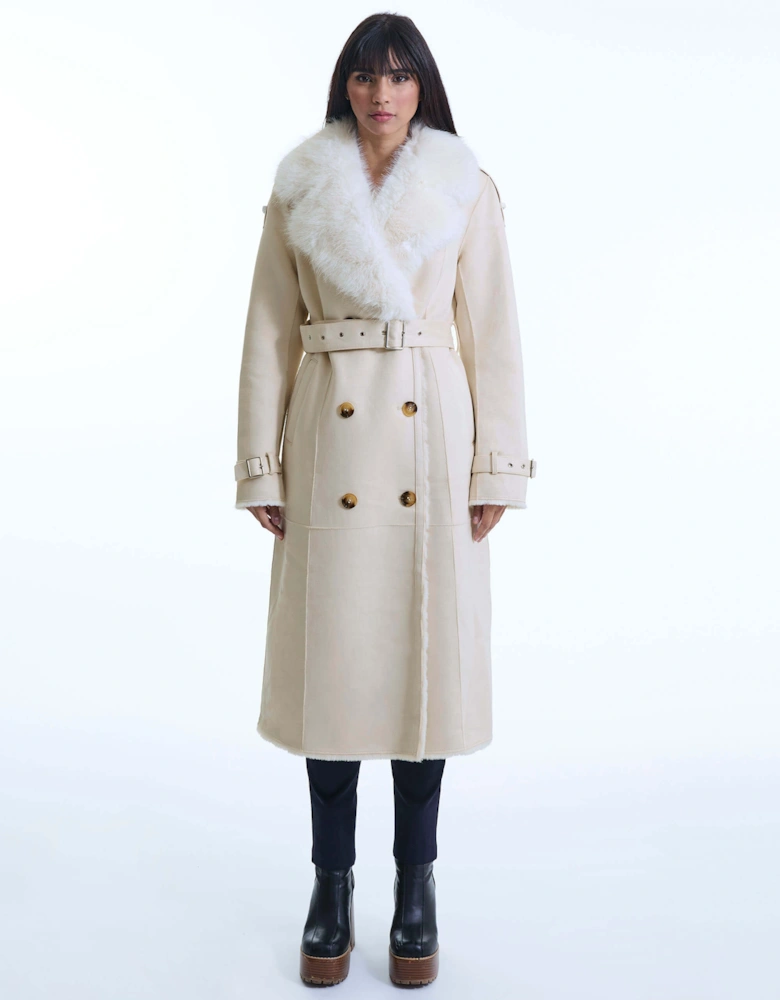 Faux Fur Suede Beige Coat